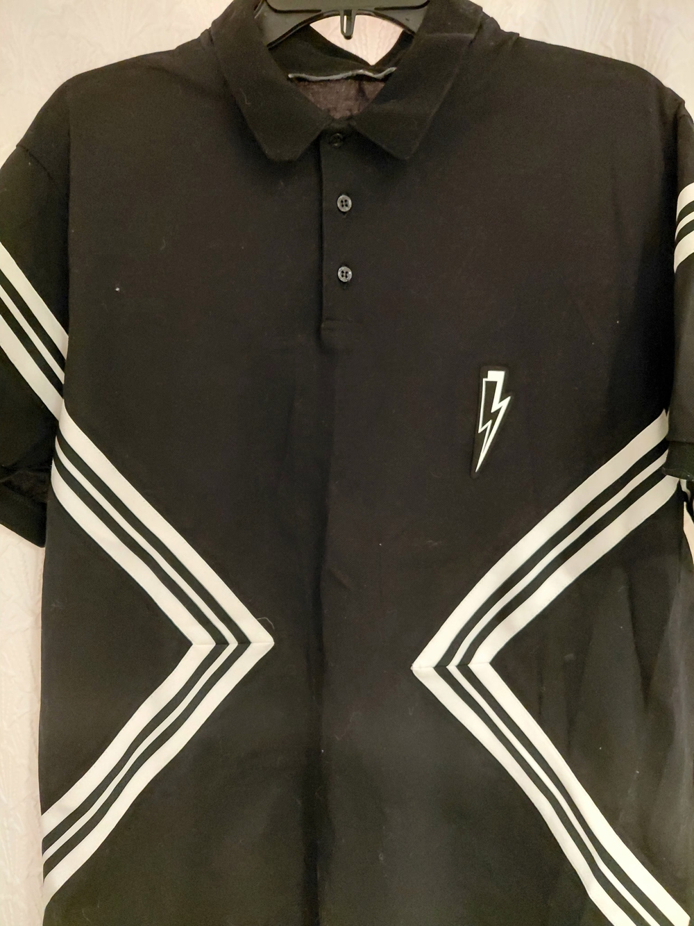 Neil Barrett Black Polo with White Chevron Stripes and Lightning Bolt